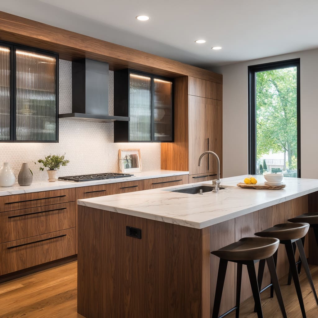 The glass refracts the under-cabinet lighting in vertical strokes, enhancing the texture of the surface itself The glass refracts the under-cabinet lighting in vertical strokes, enhancing the texture of the surface itself