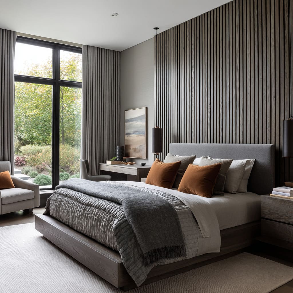 The headboard is minimalist in form slightly rounded at the top, upholstered in a deep ash-grey wool-like fabric, and positioned low against a dramatic full-he The headboard is minimalist in form slightly rounded at the top, upholstered in a deep ash-grey wool-like fabric, and positioned low against a dramatic full-he