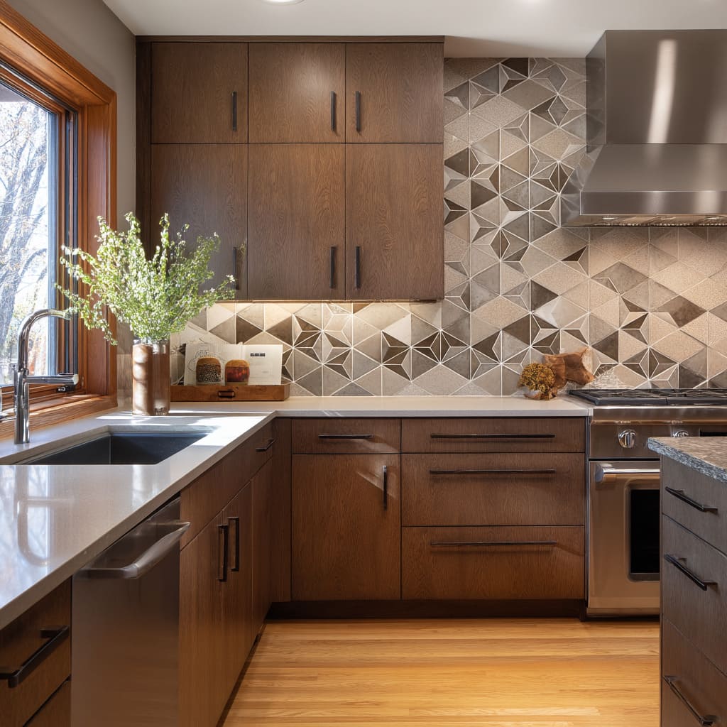 The kitchen design uses a visually commanding backsplash that immediately asserts presence and artistry The kitchen design uses a visually commanding backsplash that immediately asserts presence and artistry
