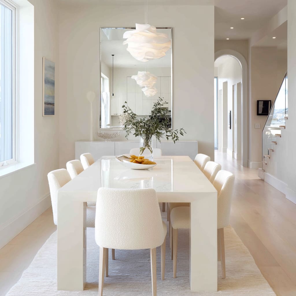 The lacquered white dining table dominates the room design with its pristine finish, square-edged top, and solid legs