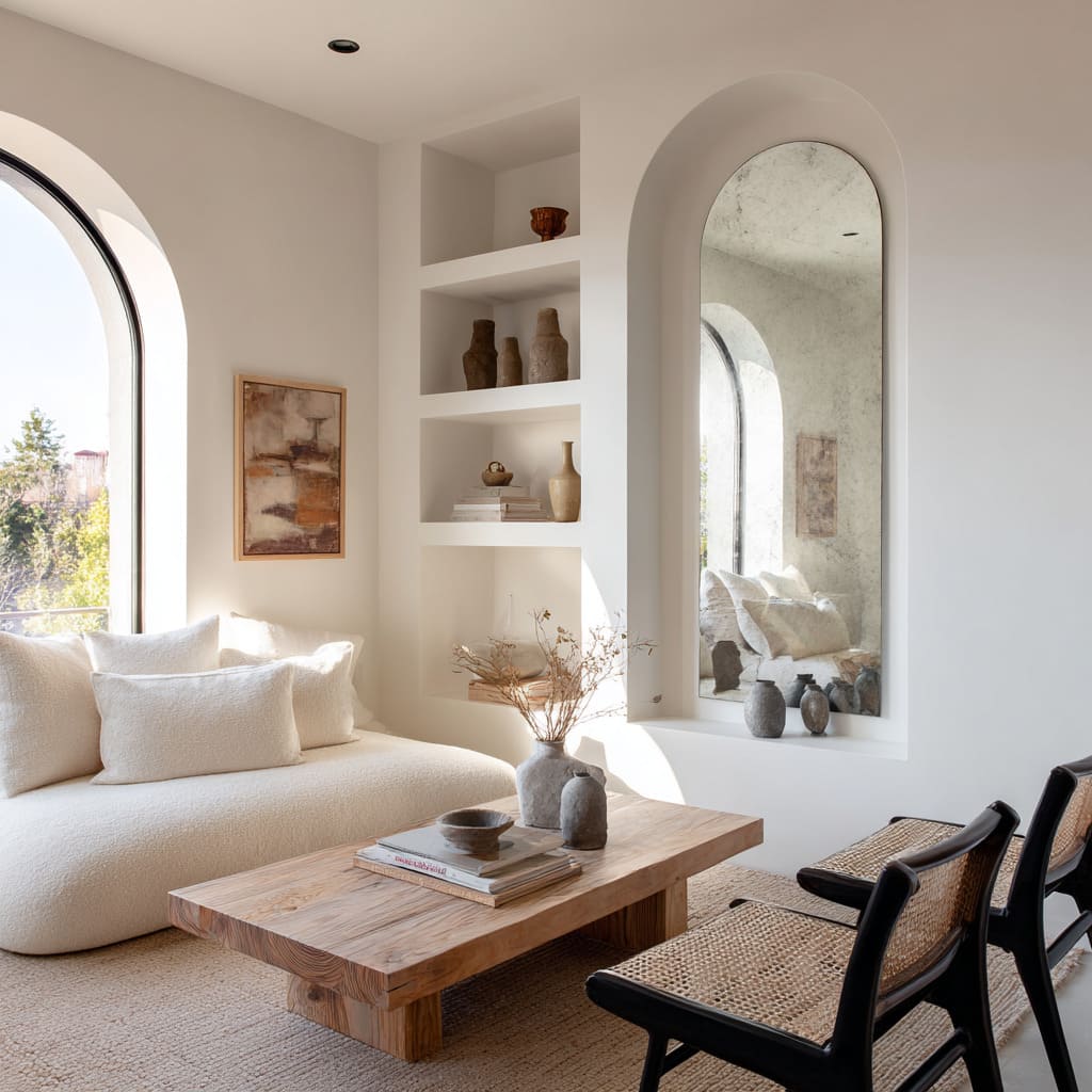 The living space design features a fully upholstered low-profile white sofa that appears to melt into the off-white carpet The living space design features a fully upholstered low-profile white sofa that appears to melt into the off-white carpet