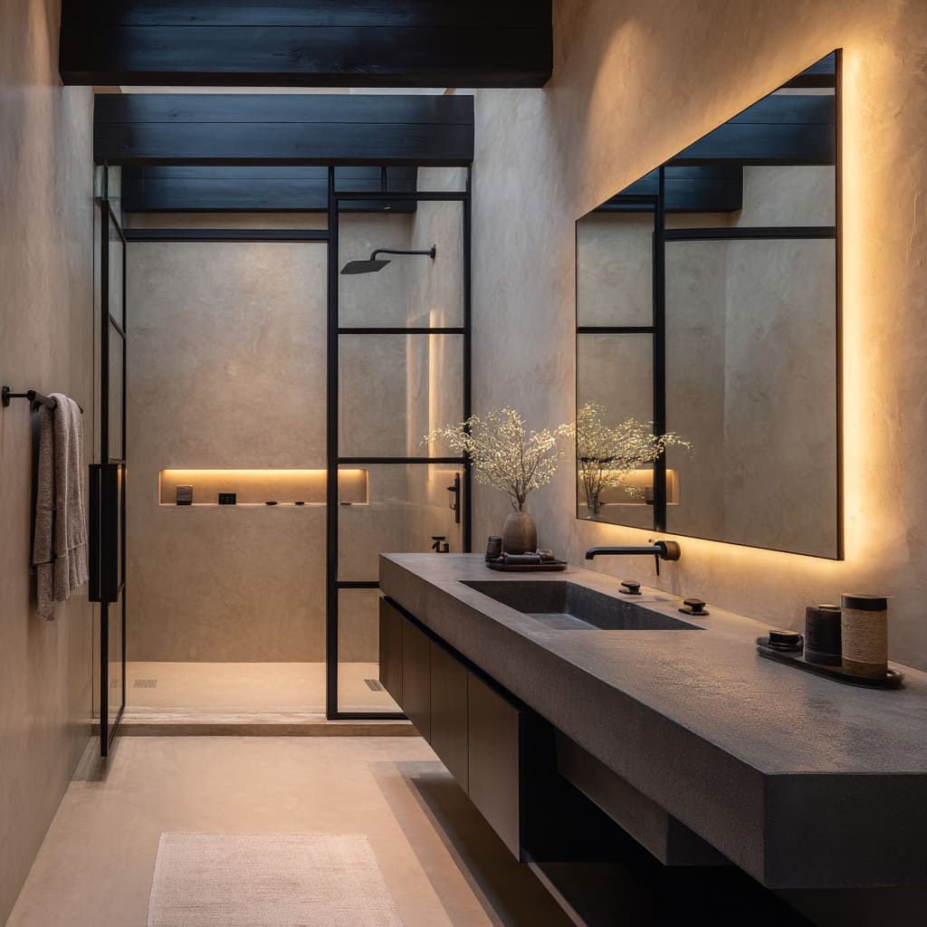 The long narrow layout is defined by clear zoning vanity, walkway, and walk-in shower