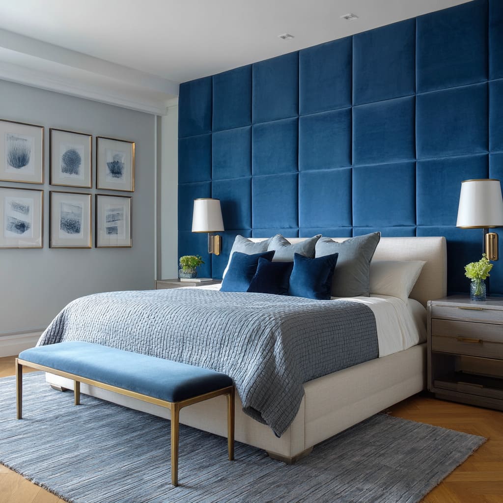 The lovely bedroom makes a powerful visual statement through a large-scale wall installation composed of richly saturated sapphire-blue velvet panels The lovely bedroom makes a powerful visual statement through a large-scale wall installation composed of richly saturated sapphire-blue velvet panels
