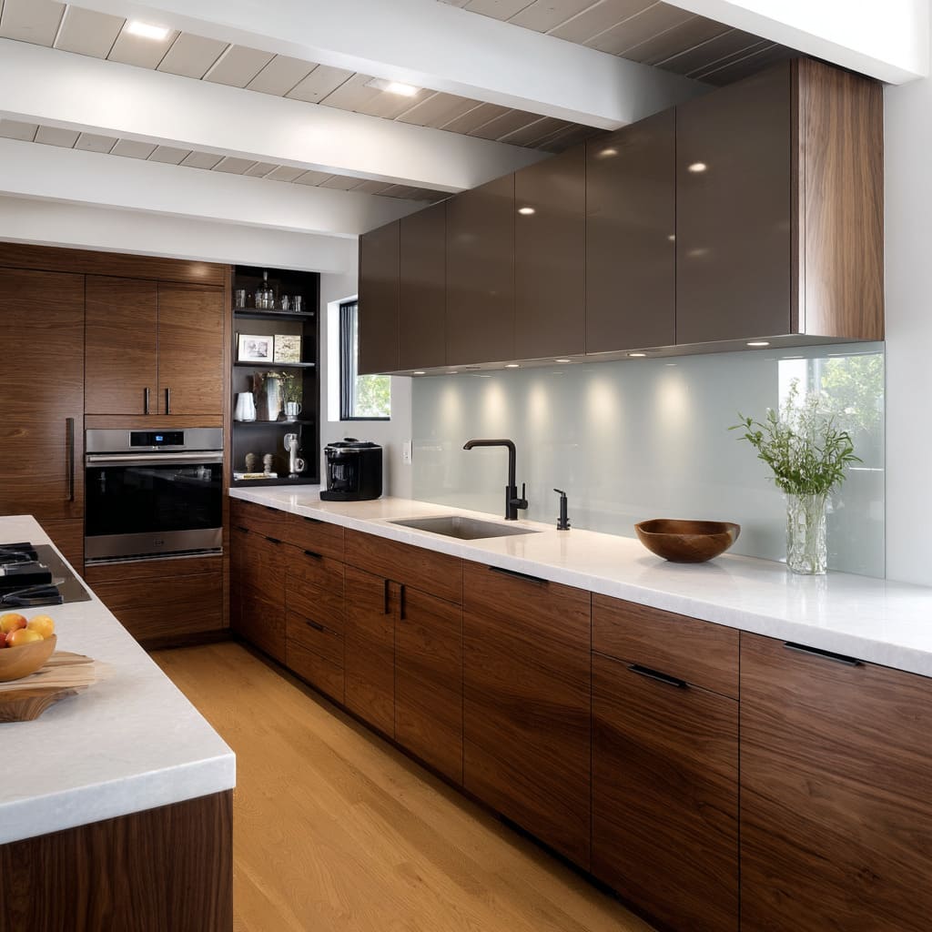 The lower cabinets are matte cocoa-stained wood with a horizontal grain that contrasts nicely with the sleek gloss of the upper cabinetry The lower cabinets are matte cocoa-stained wood with a horizontal grain that contrasts nicely with the sleek gloss of the upper cabinetry