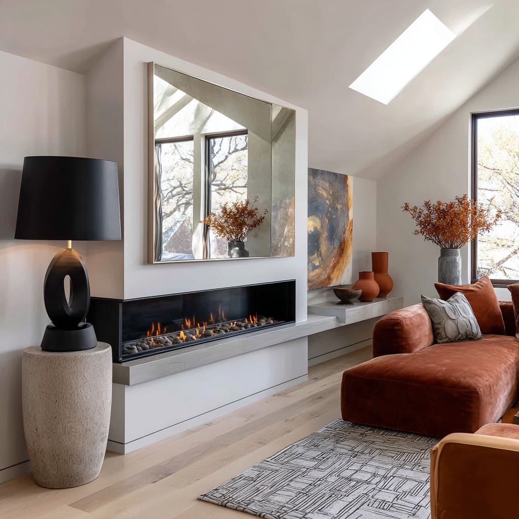 The mirror spans nearly the width of the wall and is mounted flush The mirror spans nearly the width of the wall and is mounted flush