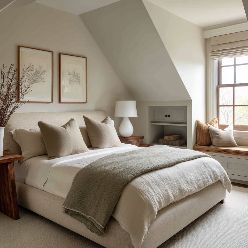The overall paint color, a barely-there putty, serves as the quiet backdrop to natural wood and linen The overall paint color, a barely-there putty, serves as the quiet backdrop to natural wood and linen