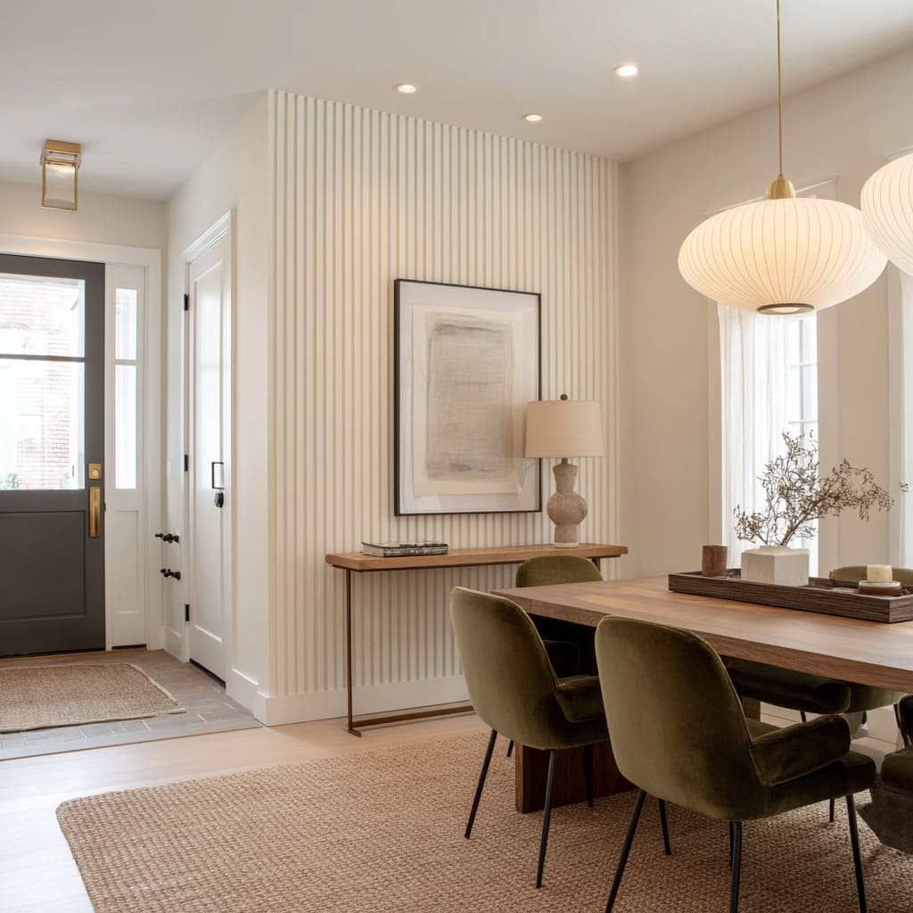 El panelado cubre una pared entera, estableciendo un tono sobrio pero sofisticado. Llega hasta el techo y el zócalo sin molduras decorativas. El panelado cubre una pared entera, estableciendo un tono sobrio pero sofisticado. Llega hasta el techo y el zócalo sin molduras decorativas.