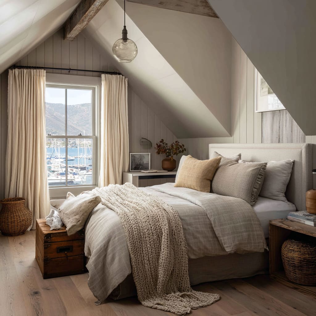 The pitched ceiling, painted in a muted soft gray with exposed, lightly whitewashed wood beams, creates a cradle-like effect that wraps the space in The pitched ceiling, painted in a muted soft gray with exposed, lightly whitewashed wood beams, creates a cradle-like effect that wraps the space in