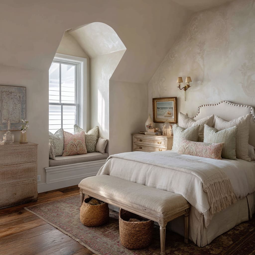 The plaster walls carry a hand-troweled look, faintly reflective, subtly marbled by natural variation and possibly lime-washed The plaster walls carry a hand-troweled look, faintly reflective, subtly marbled by natural variation and possibly lime-washed