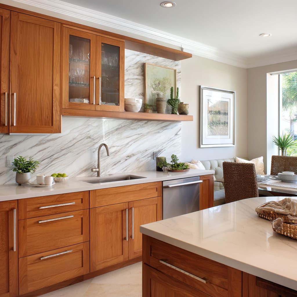 The slab covers the full backsplash area, extending behind the open floating shelf and upper cabinets, as well as behind a small mounted artwork The slab covers the full backsplash area, extending behind the open floating shelf and upper cabinets, as well as behind a small mounted artwork