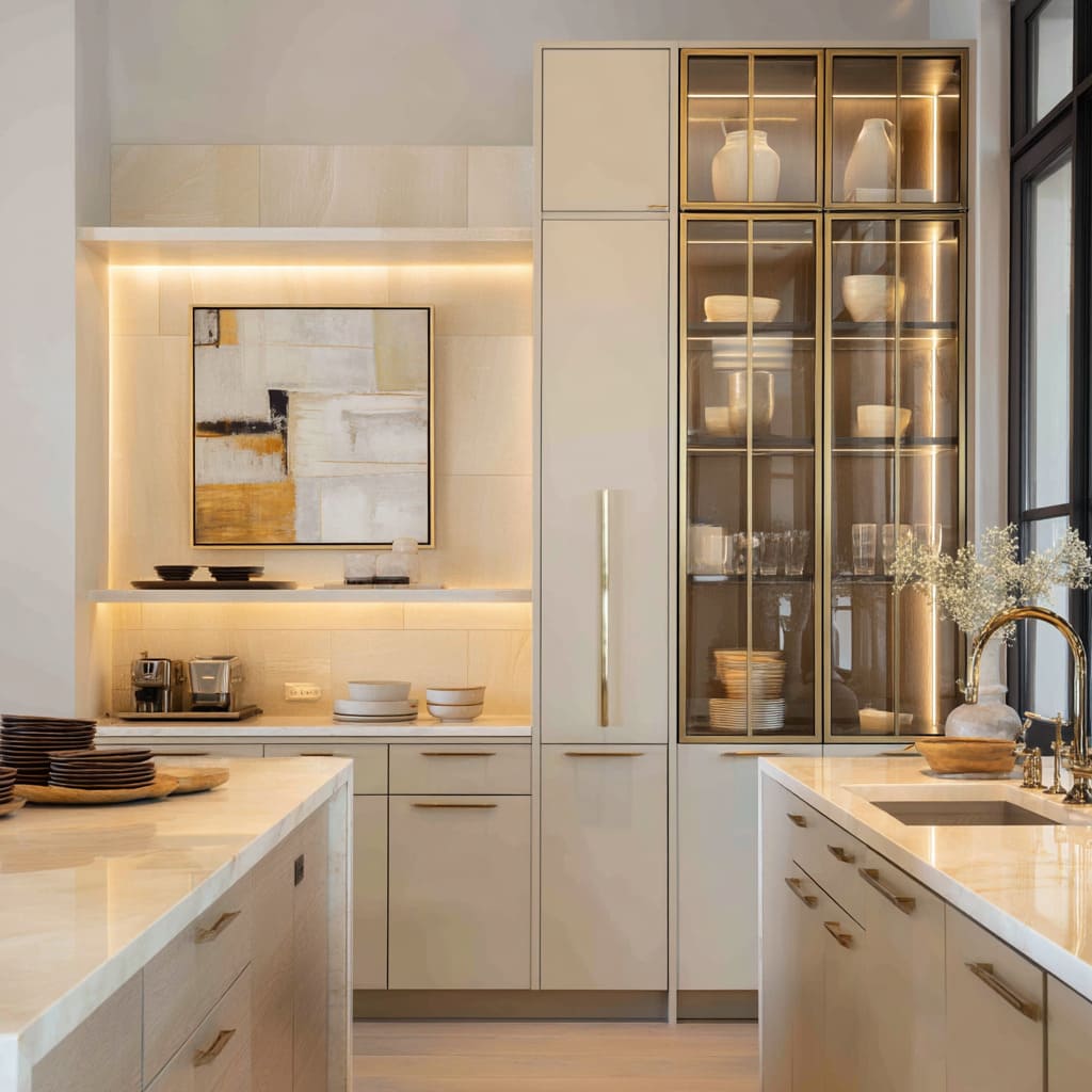 The standout feature is the tall upper kitchen cabinet built with a fine metal grid in brass-gold tone overlaying glass doors The standout feature is the tall upper kitchen cabinet built with a fine metal grid in brass-gold tone overlaying glass doors