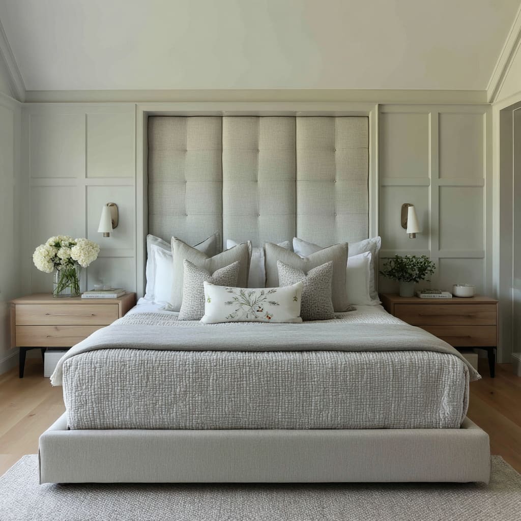 The tall, vertically tufted headboard is wrapped in a pale flax-grey linen blend fabric, with subtle checkered texturing that brings softness without busyness The tall, vertically tufted headboard is wrapped in a pale flax-grey linen blend fabric, with subtle checkered texturing that brings softness without busyness
