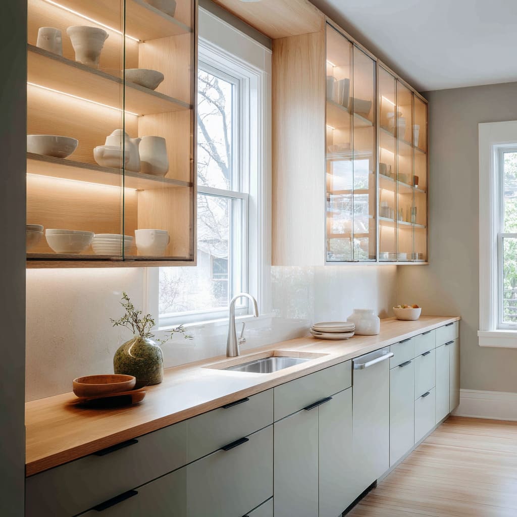 The upper kitchen cabinets are frameless with full-glass fronts and sit flush against pale birch interiors, offering both display and light diffusion The upper kitchen cabinets are frameless with full-glass fronts and sit flush against pale birch interiors, offering both display and light diffusion