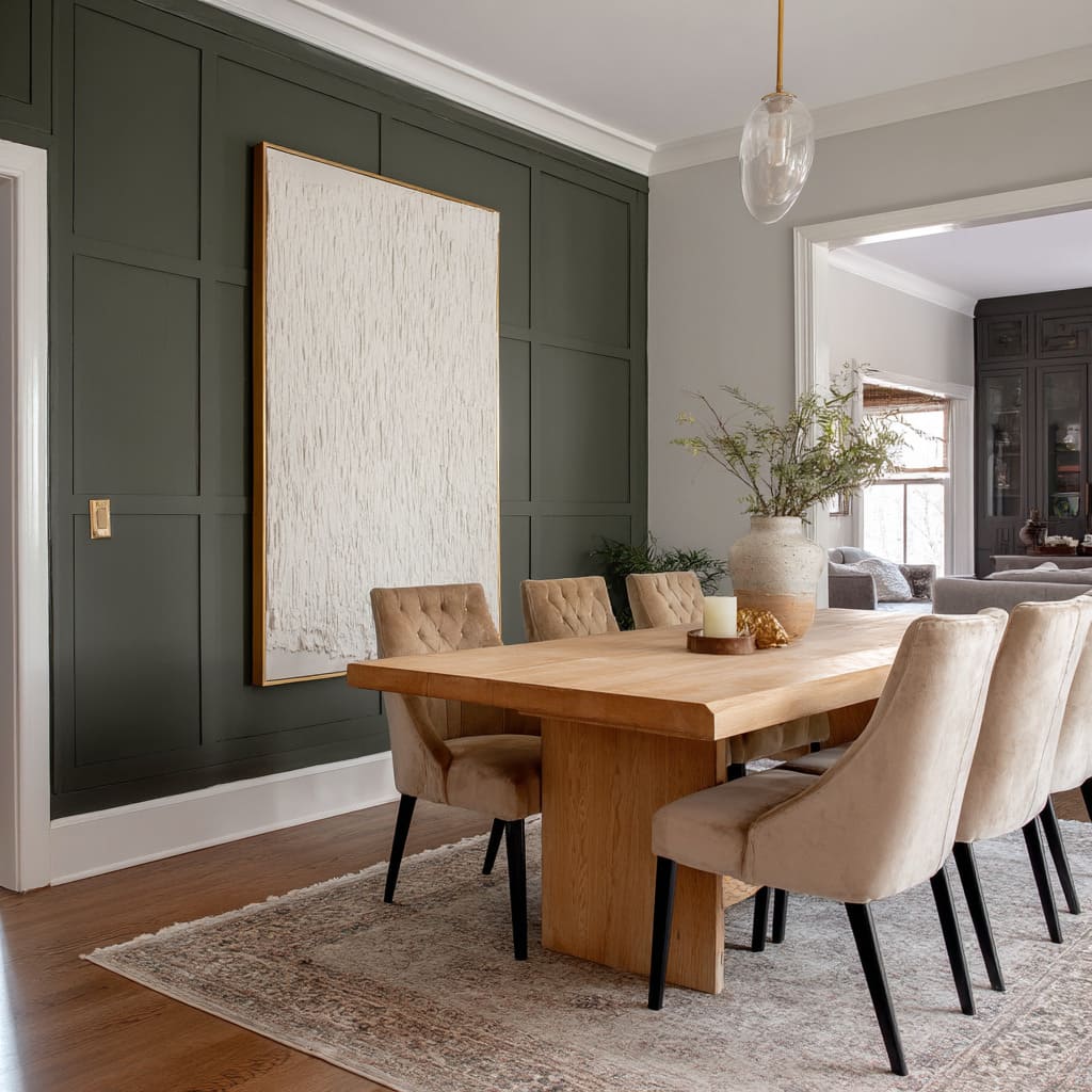 La pared presenta una cuadrícula de molduras aplicadas, espaciadas de forma regular y pintadas en el mismo verde profundo que el fondo. La pared presenta una cuadrícula de molduras aplicadas, espaciadas de forma regular y pintadas en el mismo verde profundo que el fondo.