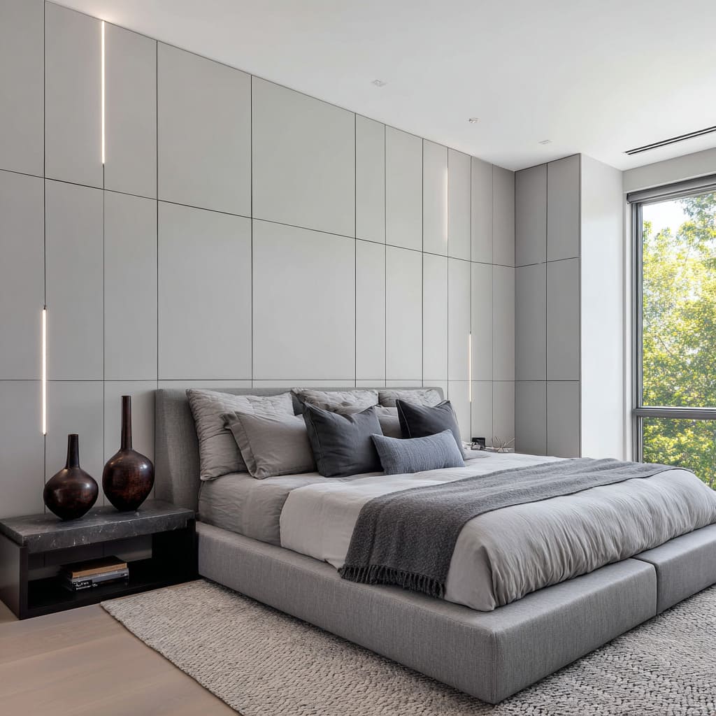 The wall treatment here consists of a massive grid of matte gray panels, organized in large-scale rectangular modules across the full height and width The wall treatment here consists of a massive grid of matte gray panels, organized in large-scale rectangular modules across the full height and width