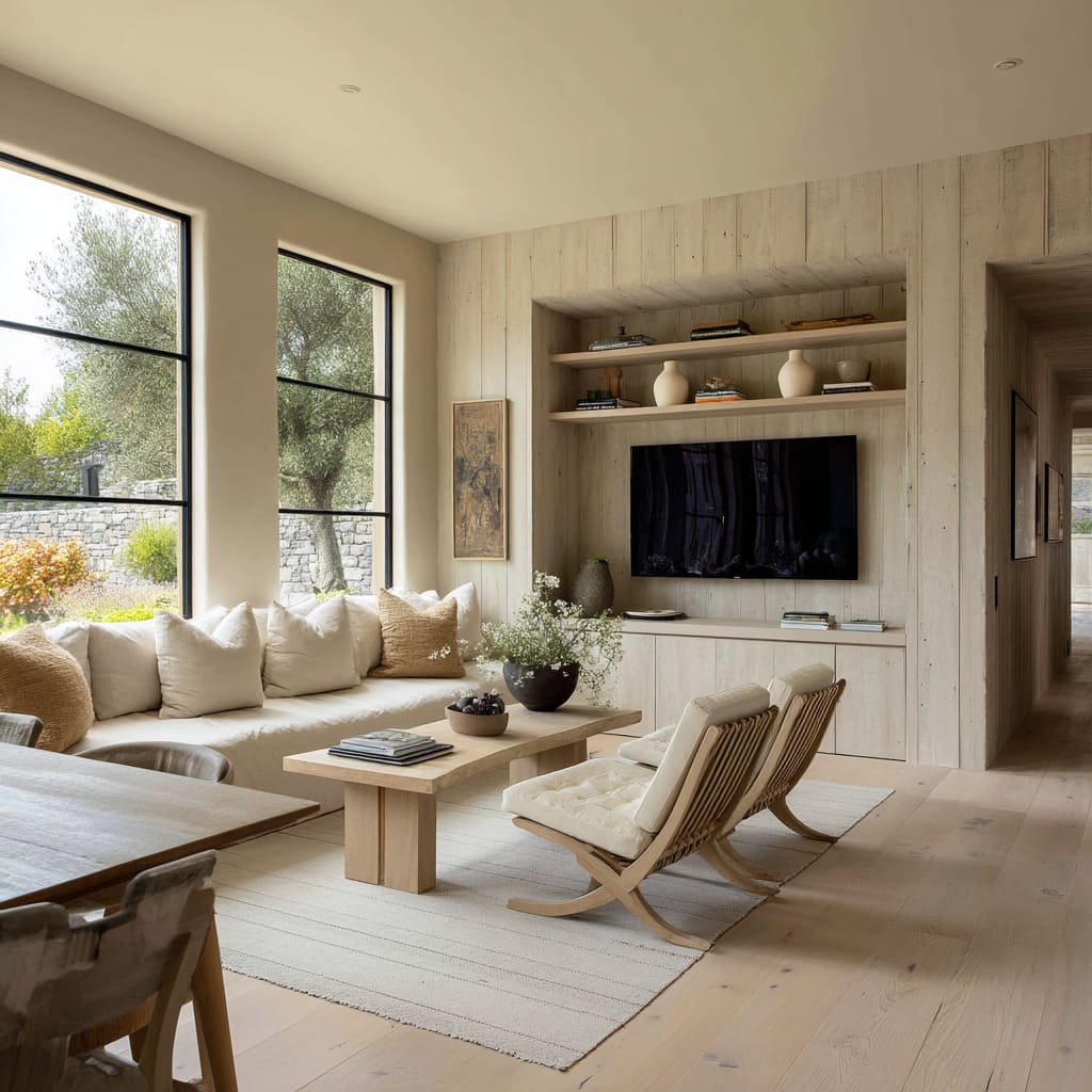 The walls and built-ins are clad in bleached vertical-grain wood with a sandblasted surface, giving a raw and lived-in feel without heaviness