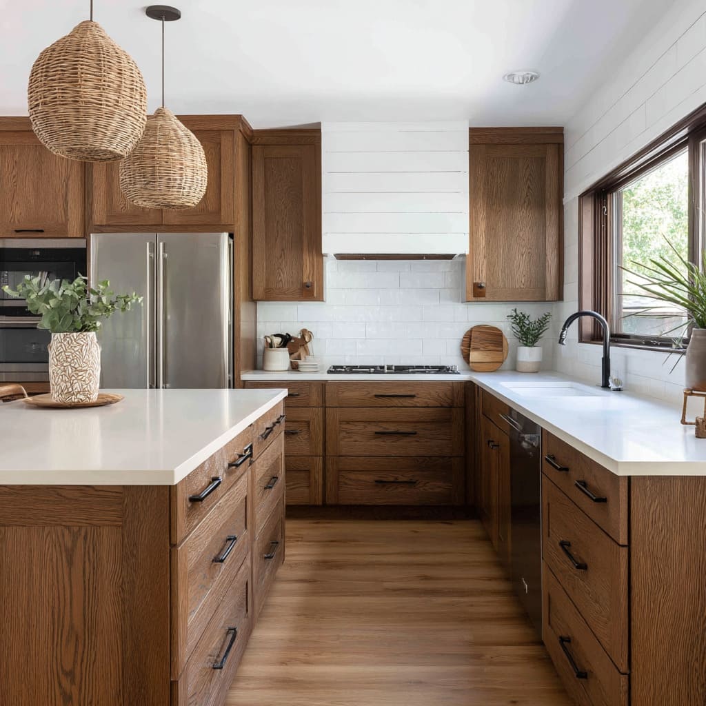 The white shiplap backsplash runs horizontally, wrapping around the corner and rising behind the hood The white shiplap backsplash runs horizontally, wrapping around the corner and rising behind the hood