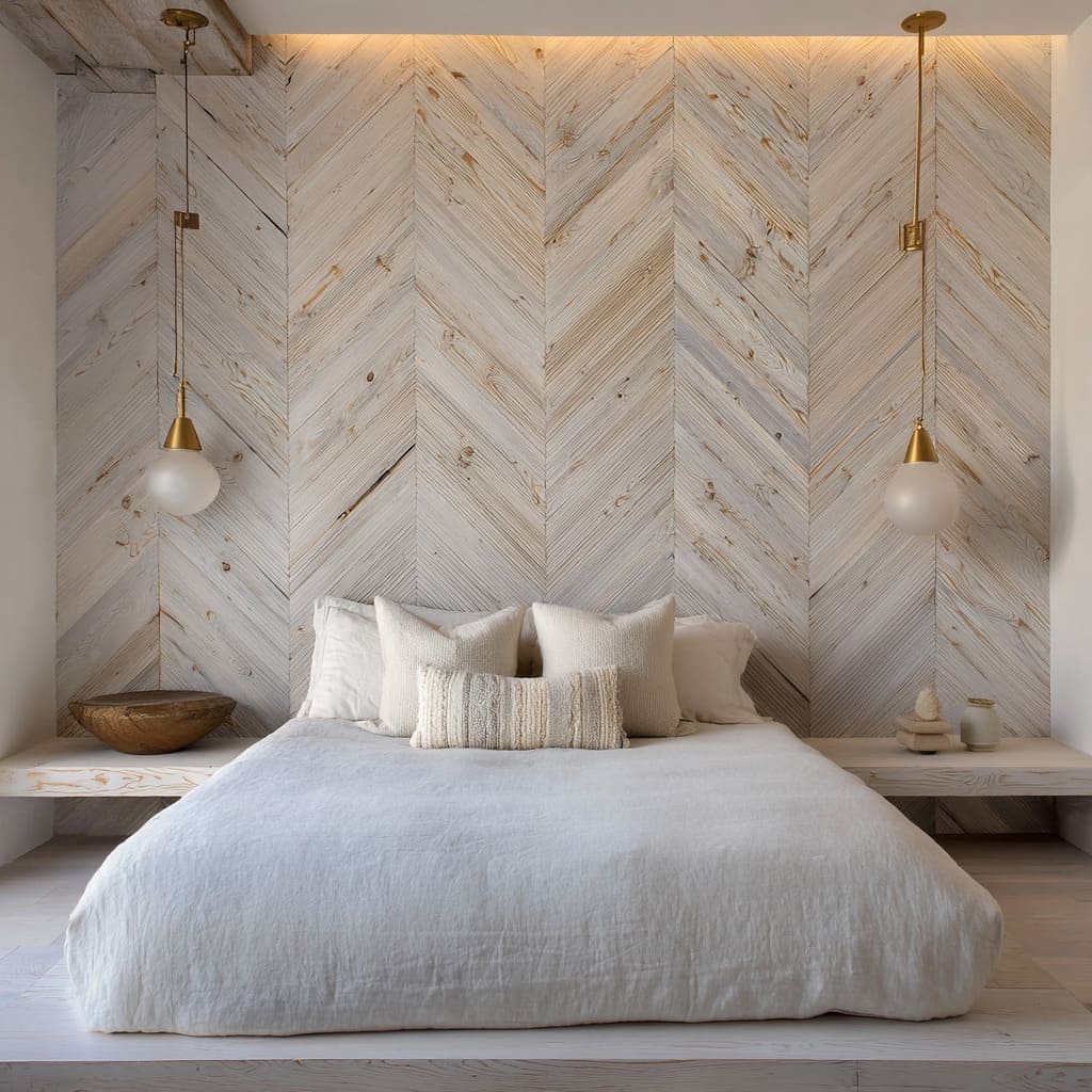 The whitewashed slats carry visible knots and linear grain, each piece laid in mirror angles that direct the eye upward and outward The whitewashed slats carry visible knots and linear grain, each piece laid in mirror angles that direct the eye upward and outward