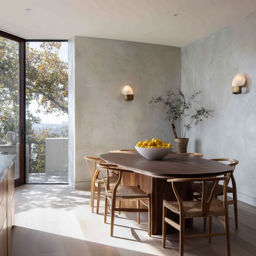 La mesa de comedor de madera, con esquinas curvas y apoyada sobre dos patas gruesas, es de tono nogal con vetas marcadas, anclando la ligereza de la pared posterior. La mesa de comedor de madera, con esquinas curvas y apoyada sobre dos patas gruesas, es de tono nogal con vetas marcadas, anclando la ligereza de la pared posterior.