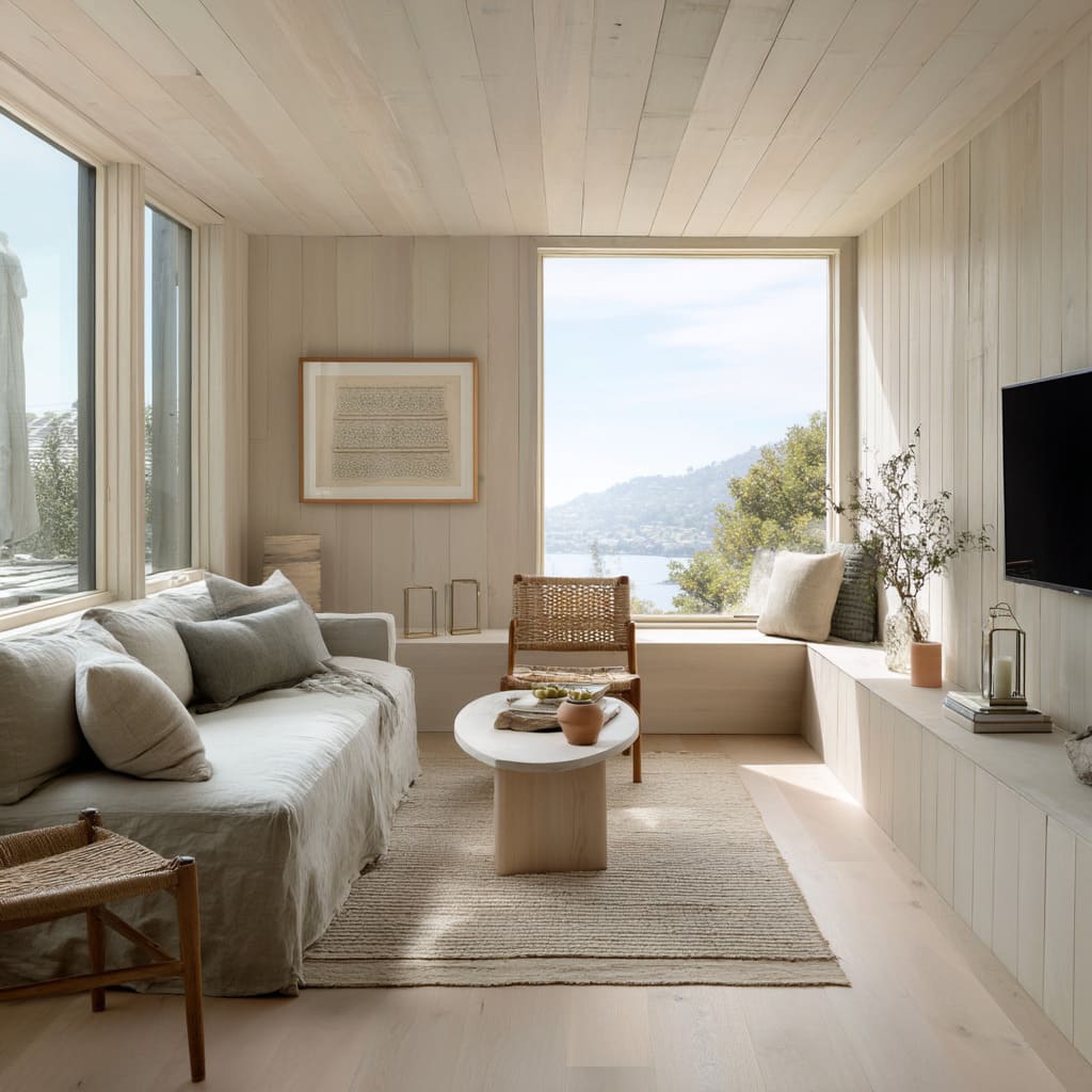 The wood is lightly whitewashed, preserving the grain while softening its natural hue, helping sunlight bounce evenly throughout a cottagecore room The wood is lightly whitewashed, preserving the grain while softening its natural hue, helping sunlight bounce evenly throughout a cottagecore room