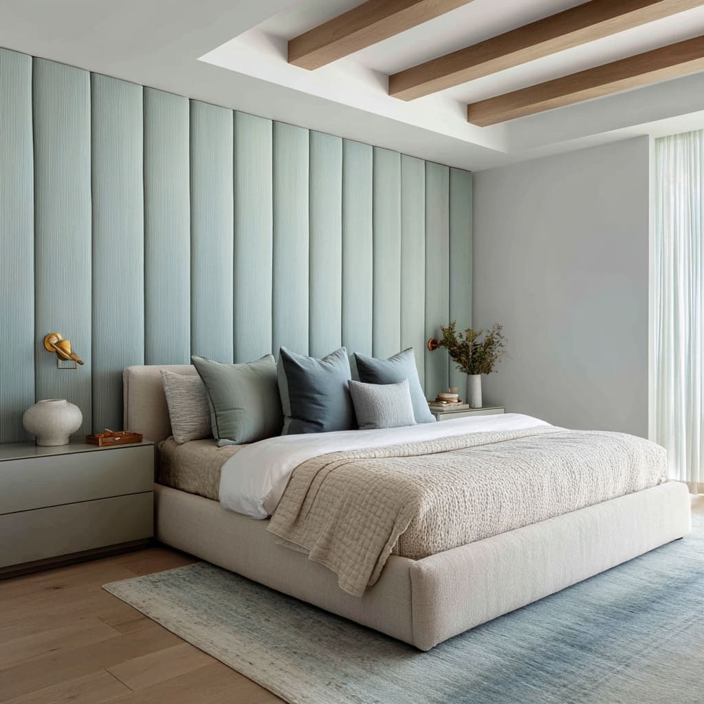 There is Toned Serenity with Soft Blue-Green Upholstered Slats and Exposed Beams in this bedroom There is Toned Serenity with Soft Blue-Green Upholstered Slats and Exposed Beams in this bedroom