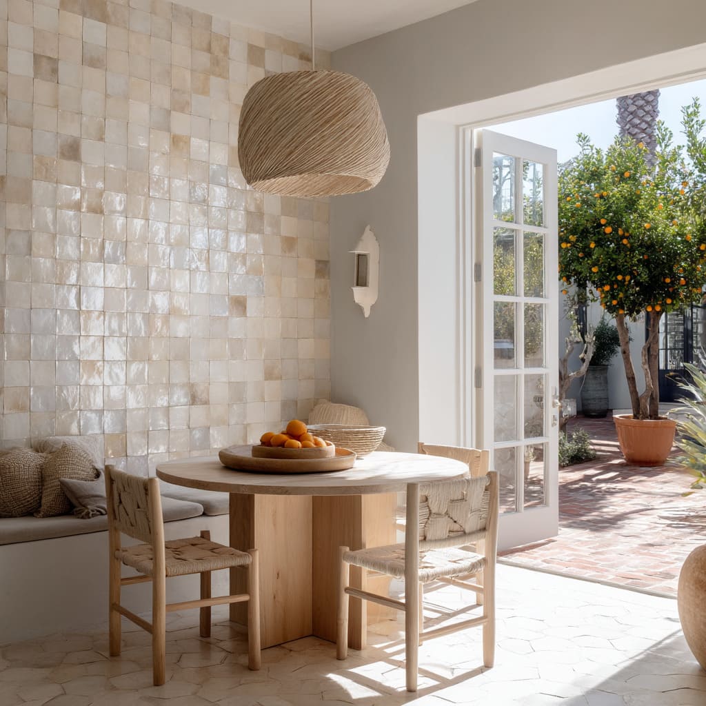 Este rincón de comedor bañado por el sol utiliza una pared acento de azulejo Zellige cuadrado que refleja tanto la luz como la textura, haciendo que el espacio se sienta vivo. Este rincón de comedor bañado por el sol utiliza una pared acento de azulejo Zellige cuadrado que refleja tanto la luz como la textura, haciendo que el espacio se sienta vivo.