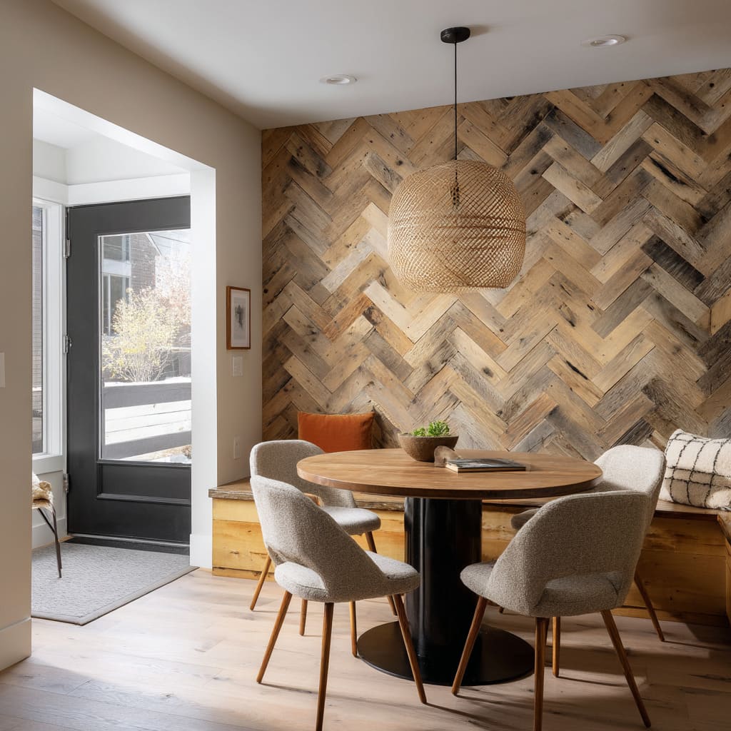 Este diseño combina materiales rústicos con ritmo moderno usando una pared acento de madera en espiga, hecha con tablones de roble recuperado. Este diseño combina materiales rústicos con ritmo moderno usando una pared acento de madera en espiga, hecha con tablones de roble recuperado.