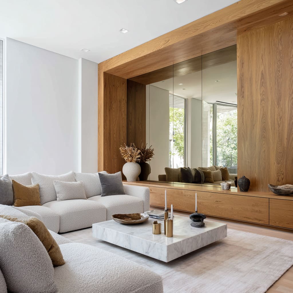 This design frames a large-scale smoky bronze mirror wall with solid wood paneling, recessed like a niche within the room's structural layout This design frames a large-scale smoky bronze mirror wall with solid wood paneling, recessed like a niche within the room's structural layout