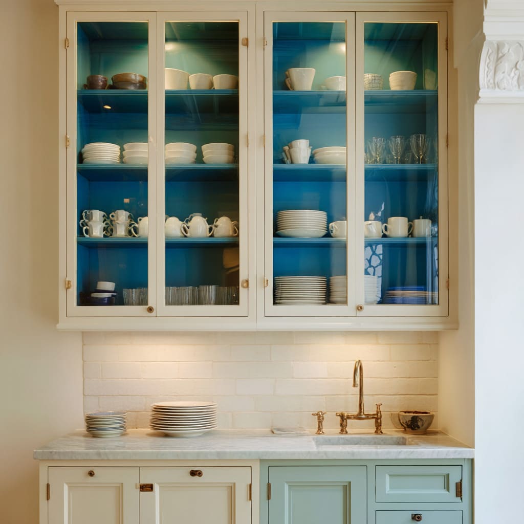 This design takes a bold conceptual turn by placing vivid color behind glass cabinetry in an otherwise classic setting This design takes a bold conceptual turn by placing vivid color behind glass cabinetry in an otherwise classic setting