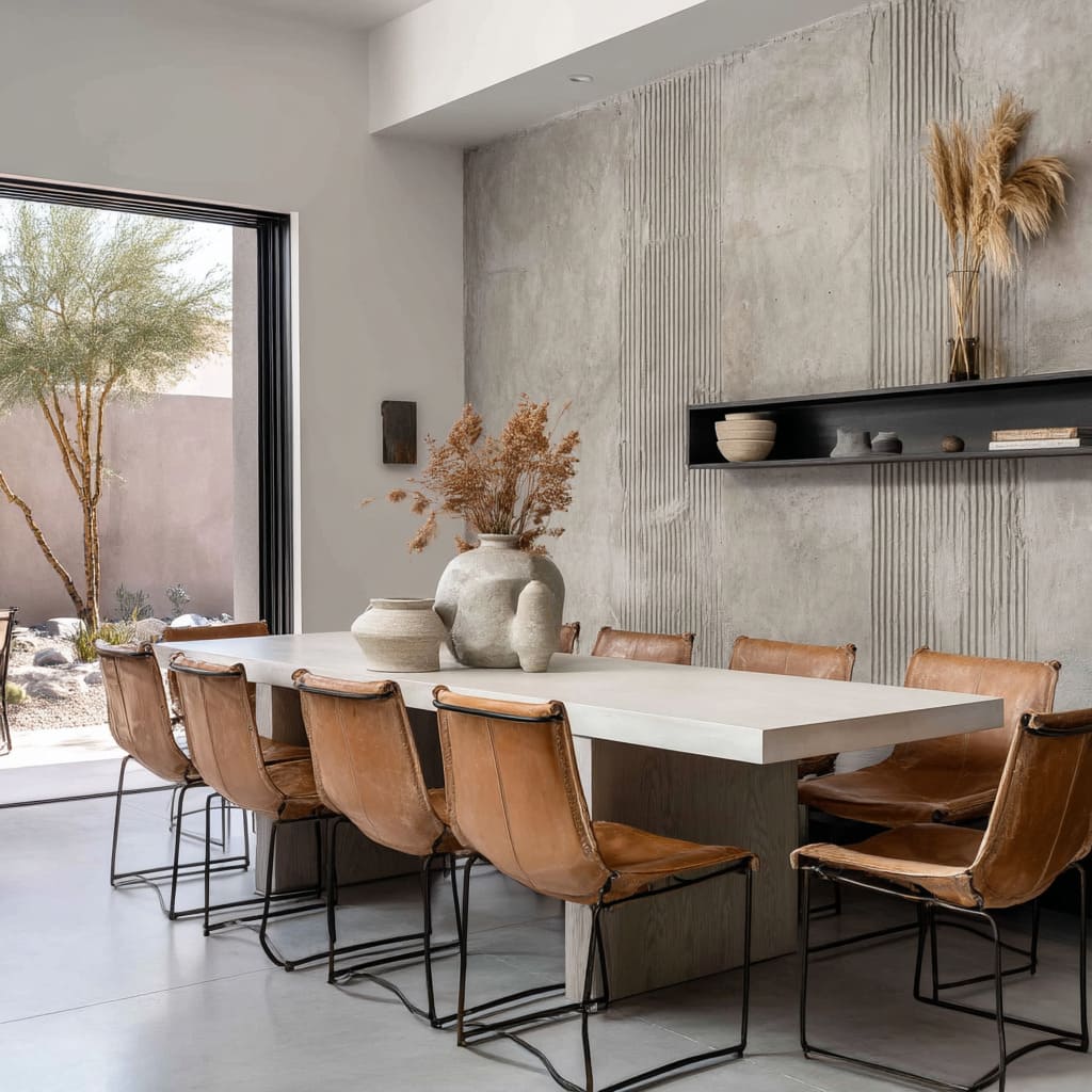 El diseño del comedor se centra en una pared acento de concreto colado con detalles de ranuras irregulares El diseño del comedor se centra en una pared acento de concreto colado con detalles de ranuras irregulares