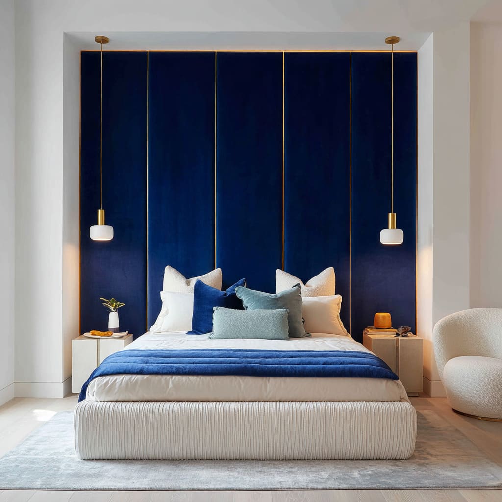 This dramatic space showcases a high-impact headboard wall of royal navy velvet panels, vertically aligned with exaggerated height and finished with gleaming This dramatic space showcases a high-impact headboard wall of royal navy velvet panels, vertically aligned with exaggerated height and finished with gleaming
