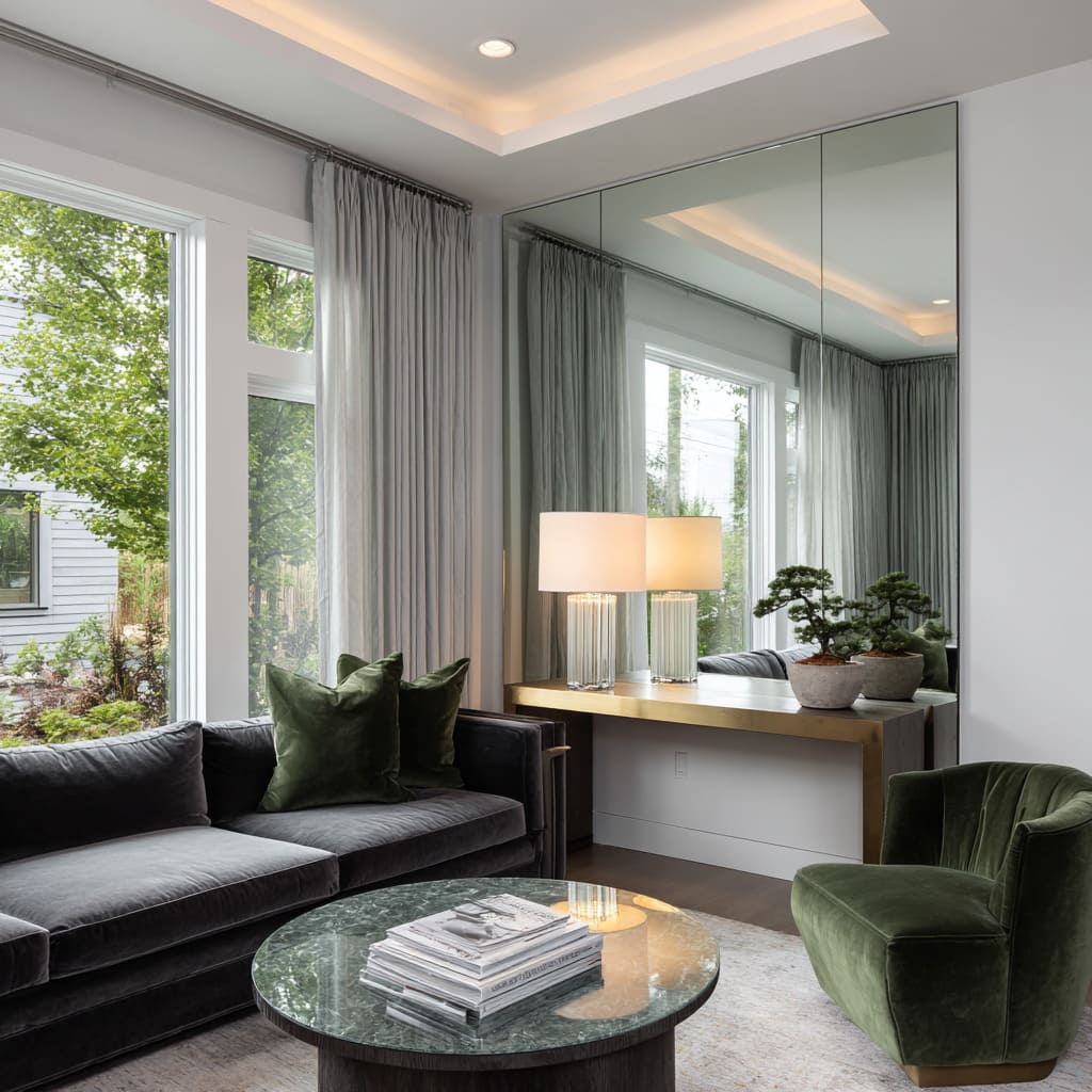 This layout integrates a full-wall mirror cornering into the perpendicular wall behind a sleek console This layout integrates a full-wall mirror cornering into the perpendicular wall behind a sleek console