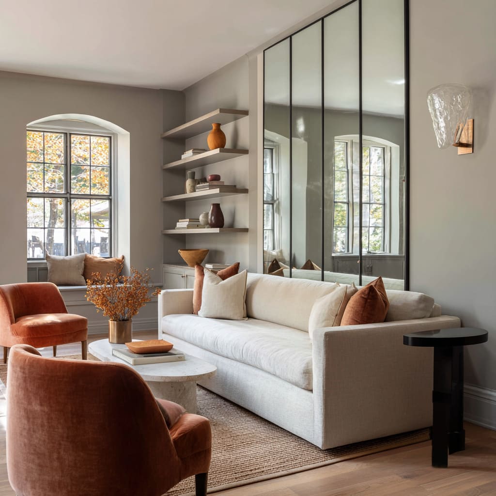 This long vertical mirror wall is segmented into four slender reflective panels, each framed in ultra-thin black metal that reads more like industrial This long vertical mirror wall is segmented into four slender reflective panels, each framed in ultra-thin black metal that reads more like industrial