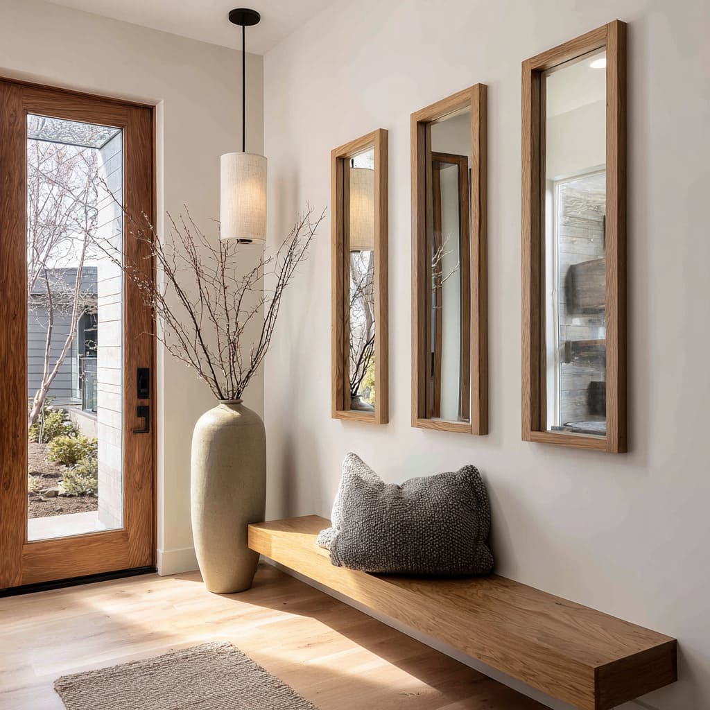 This softly composed entry design features three tall, narrow rectangular mirrors framed in clean-lined oak, placed at even above a floating bench This softly composed entry design features three tall, narrow rectangular mirrors framed in clean-lined oak, placed at even above a floating bench