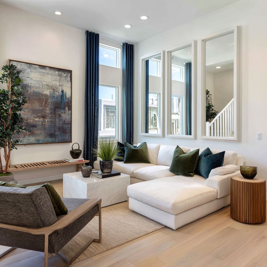 Three tall, framed mirrors are placed side by side in equal spacing across a white wall, echoing the vertical rhythm of the adjacent windows Three tall, framed mirrors are placed side by side in equal spacing across a white wall, echoing the vertical rhythm of the adjacent windows