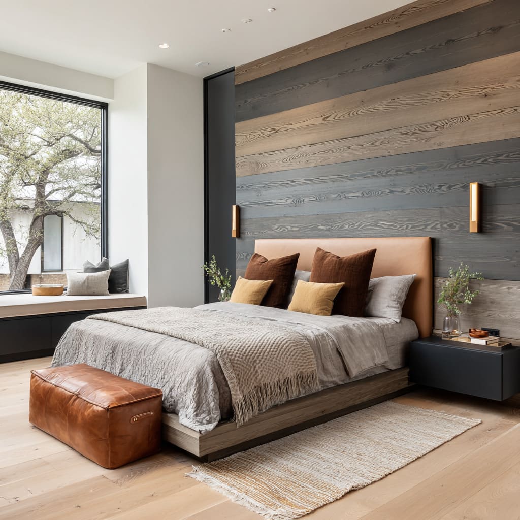 Two-Tone Horizontal Slat Wall with Smoked and Natural Finishes Two-Tone Horizontal Slat Wall with Smoked and Natural Finishes