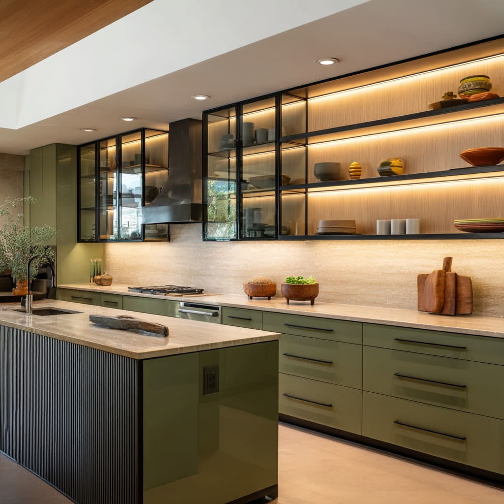 Two-Tone Kitchen Design with Metal-Framed Glass Upper Cabinets and Fully Integrated Lighting Two-Tone Kitchen Design with Metal-Framed Glass Upper Cabinets and Fully Integrated Lighting