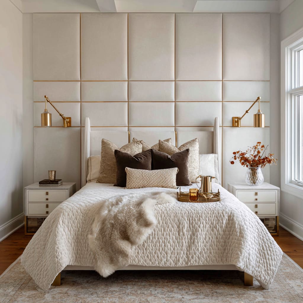 Upholstered Grid Wall Design with Framed Seams and Metallic Accents Upholstered Grid Wall Design with Framed Seams and Metallic Accents