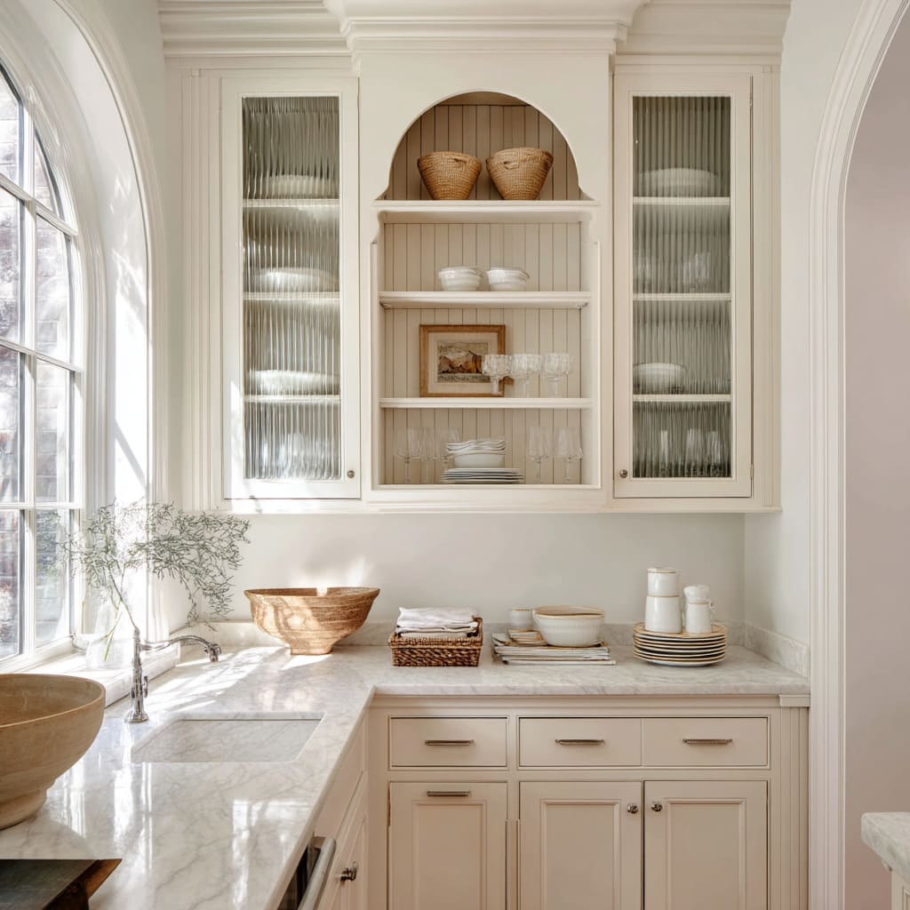 Upper Cabinet with Curved Glass Doors Framing Upper Cabinet with Curved Glass Doors Framing