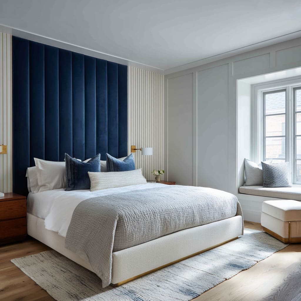Velvet Fluting Meets Quiet Geometry with Inset Vertical Blue Headboard with Grooved Surround Velvet Fluting Meets Quiet Geometry with Inset Vertical Blue Headboard with Grooved Surround