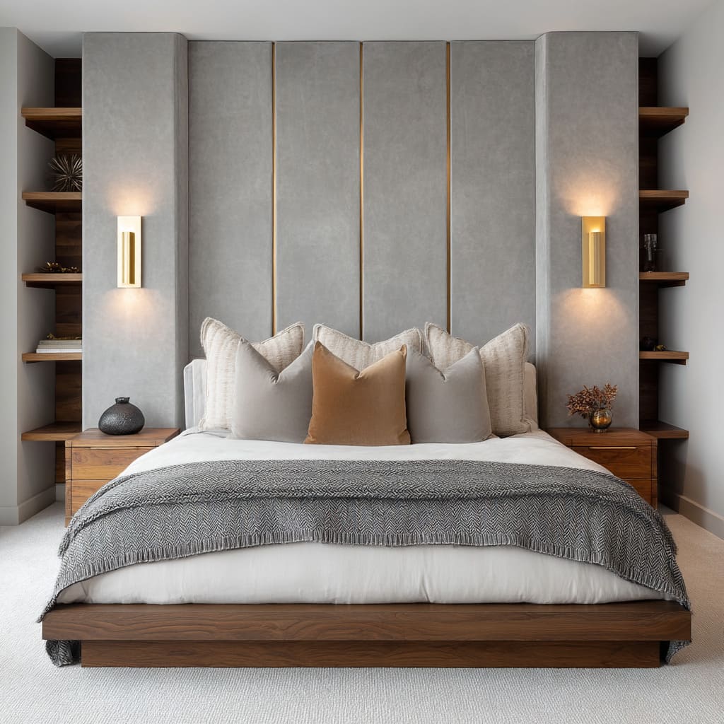 Velvet-Inspired Grey Panels with Brass Inlay and Walnut Framing Velvet-Inspired Grey Panels with Brass Inlay and Walnut Framing