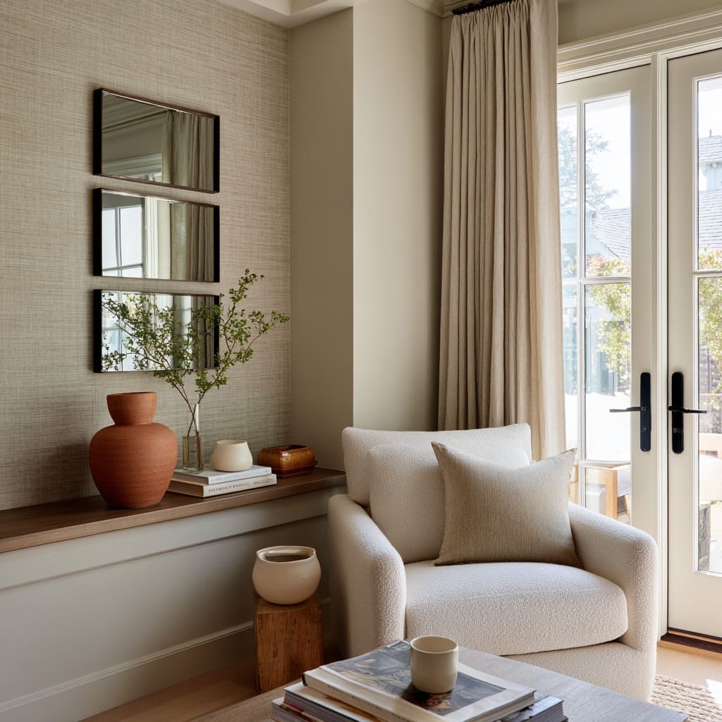 Vertical Trio of Framed Mirrors on Grasscloth Wall Behind a Lounge Chair Vertical Trio of Framed Mirrors on Grasscloth Wall Behind a Lounge Chair
