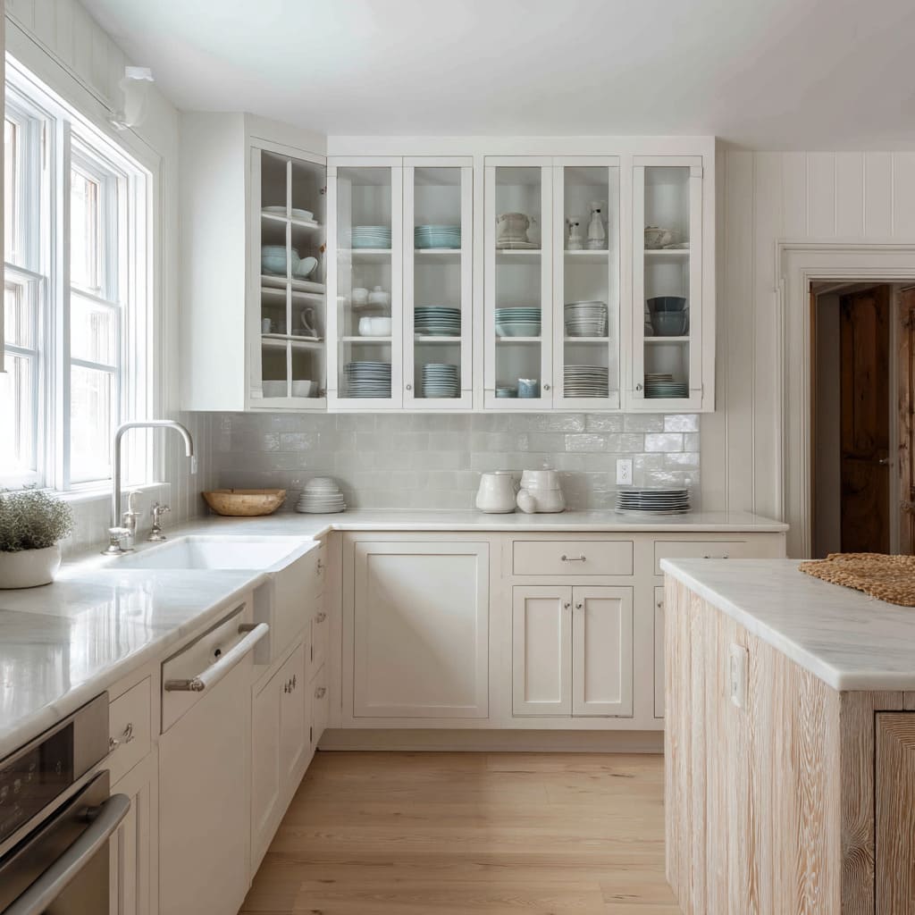 What makes the cabinetry engaging is the strategic use of vertical sections six glass-front doors, including a rounded corner unit What makes the cabinetry engaging is the strategic use of vertical sections six glass-front doors, including a rounded corner unit