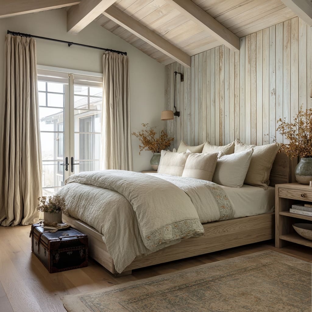 With its slanted ceiling and rustic vertical wood paneling in a weathered whitewash, the bedroom design fully expresses the cottagecore mood With its slanted ceiling and rustic vertical wood paneling in a weathered whitewash, the bedroom design fully expresses the cottagecore mood
