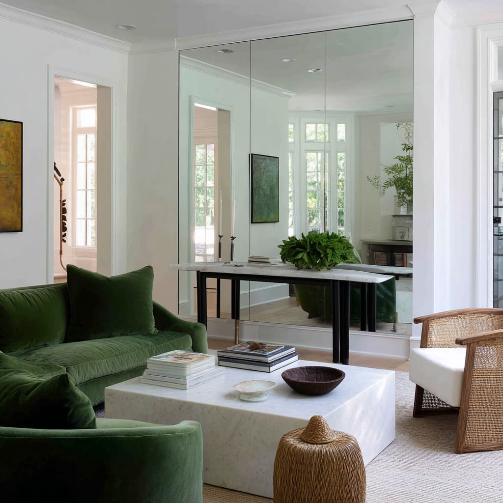 a clever mirrored corner treatment, where two wall-mounted panels meet perfectly at the edge, forming a clean, uninterrupted reflective corner a clever mirrored corner treatment, where two wall-mounted panels meet perfectly at the edge, forming a clean, uninterrupted reflective corner