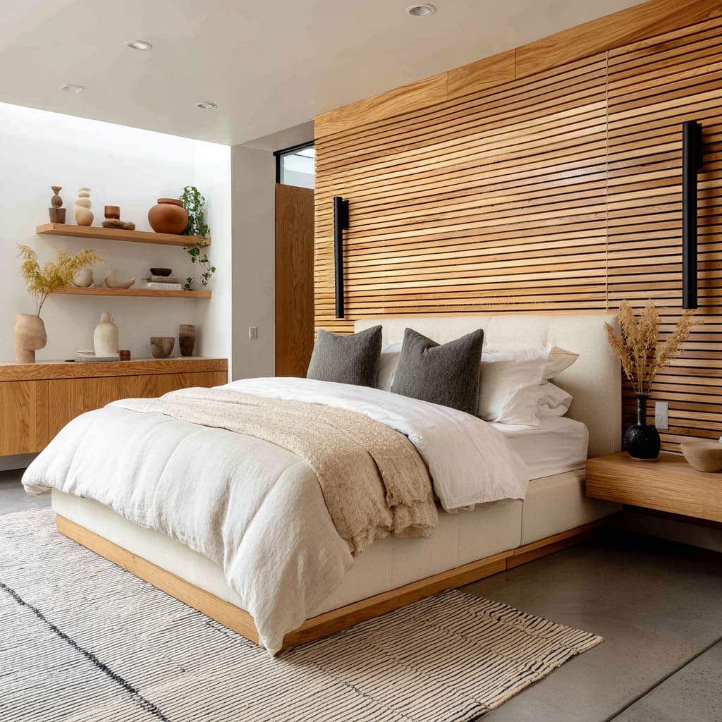 a horizontal slat wall that spans across the headboard zone, made of golden oak with rich grain and natural warmth a horizontal slat wall that spans across the headboard zone, made of golden oak with rich grain and natural warmth