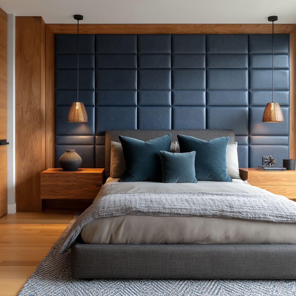 a wall-to-wall grid headboard design using deep navy faux leather panels, each square carefully spaced to create a checkerboard of stitched softness a wall-to-wall grid headboard design using deep navy faux leather panels, each square carefully spaced to create a checkerboard of stitched softness