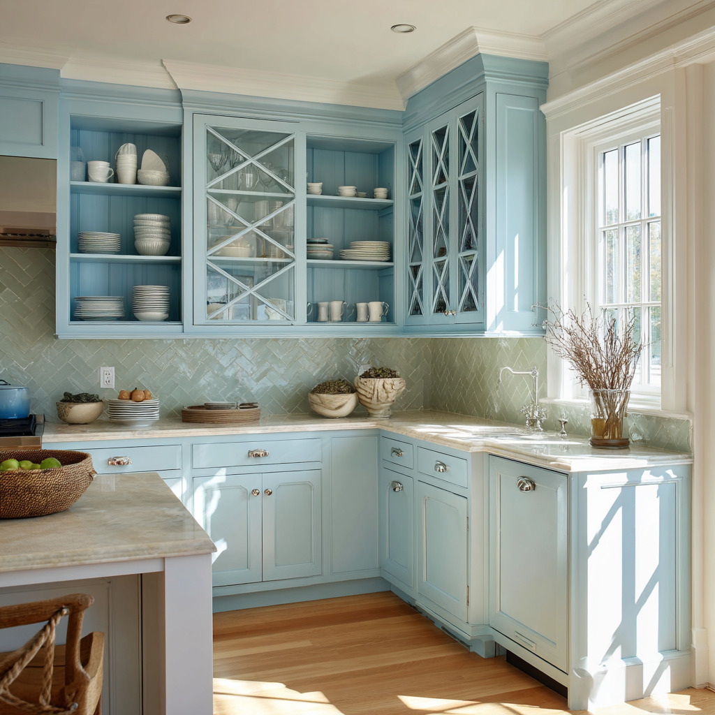 an X-pattern grid gives the cabinetry a decorative quality even before color or contents are considered an X-pattern grid gives the cabinetry a decorative quality even before color or contents are considered