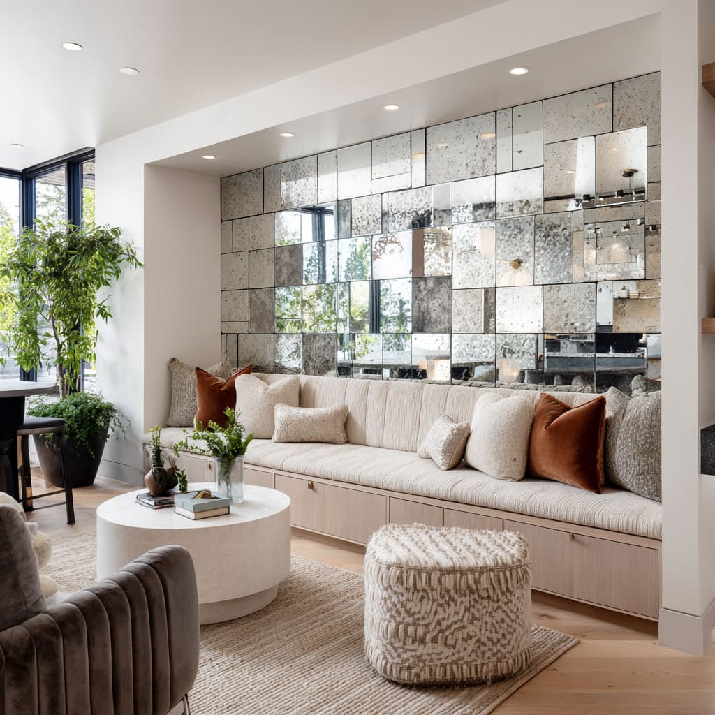 an entire wall behind a built-in banquette into a mosaic of square and rectangular mirror tiles an entire wall behind a built-in banquette into a mosaic of square and rectangular mirror tiles