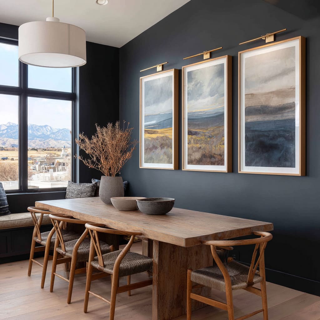 Una pared en negro mate sirve de fondo tipo galería para tres paisajes enmarcados de forma idéntica, iluminados con apliques de latón. Una pared en negro mate sirve de fondo tipo galería para tres paisajes enmarcados de forma idéntica, iluminados con apliques de latón.